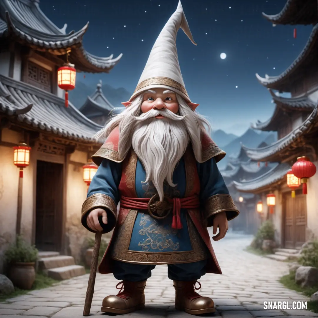 Tomte with a long beard and a long beard wearing a hat and holding a cane in front of a chinese building
