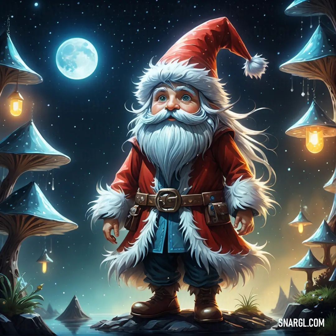 Cartoon santa claus standing in a forest with a full moon in the background and a lantern in the sky