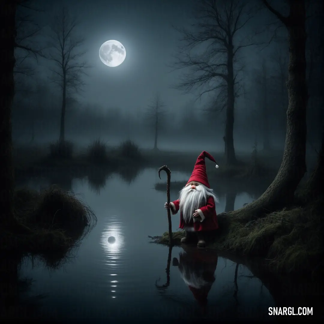 Gnome on a log in a swampy area with a full moon in the background