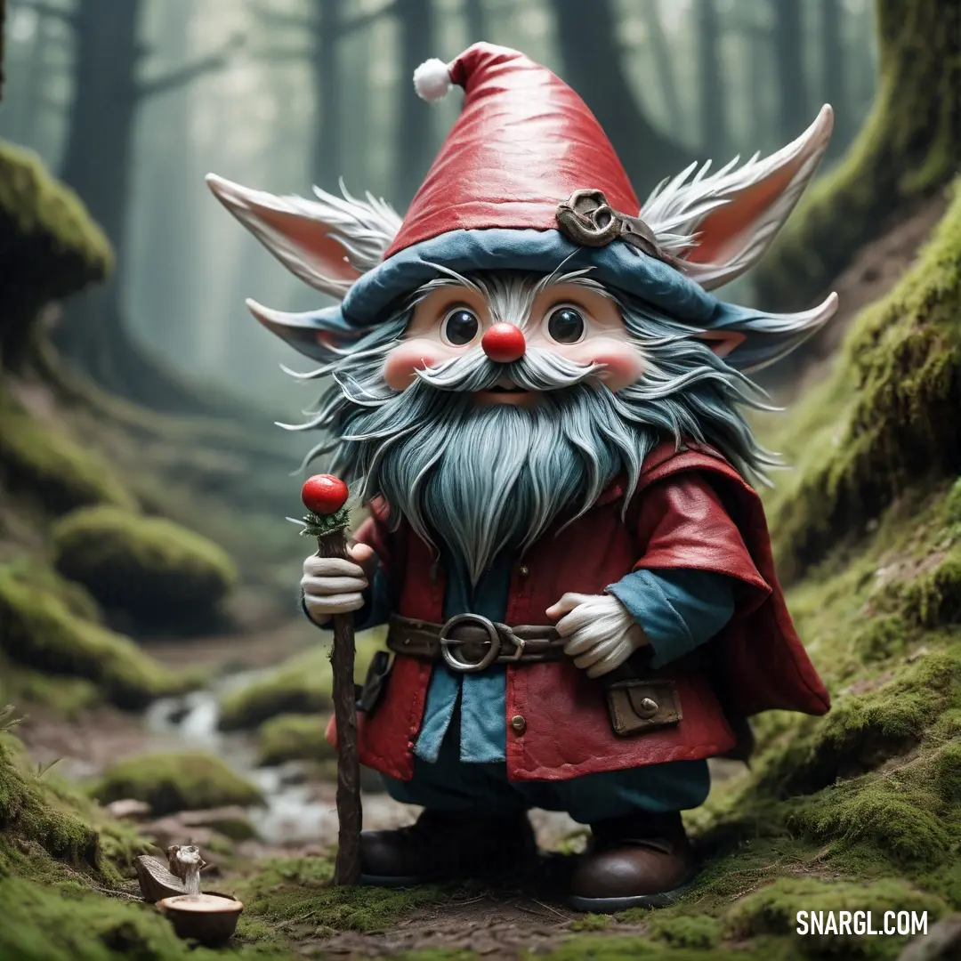 Gnome statue in a forest with a red hat