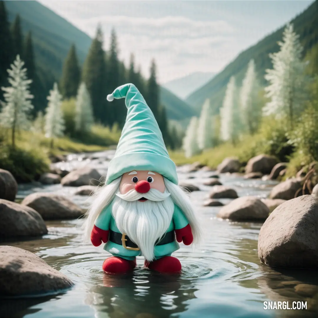 Gnome statue in a stream of water with mountains in the background