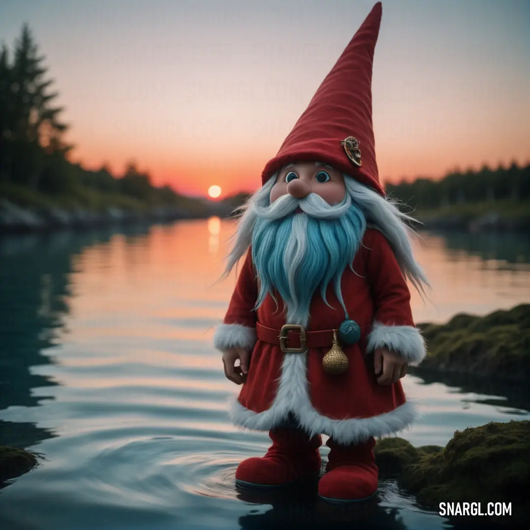 Gnome statue standing in the water at sunset or dawn with a red hat and blue beard and a red and white outfit