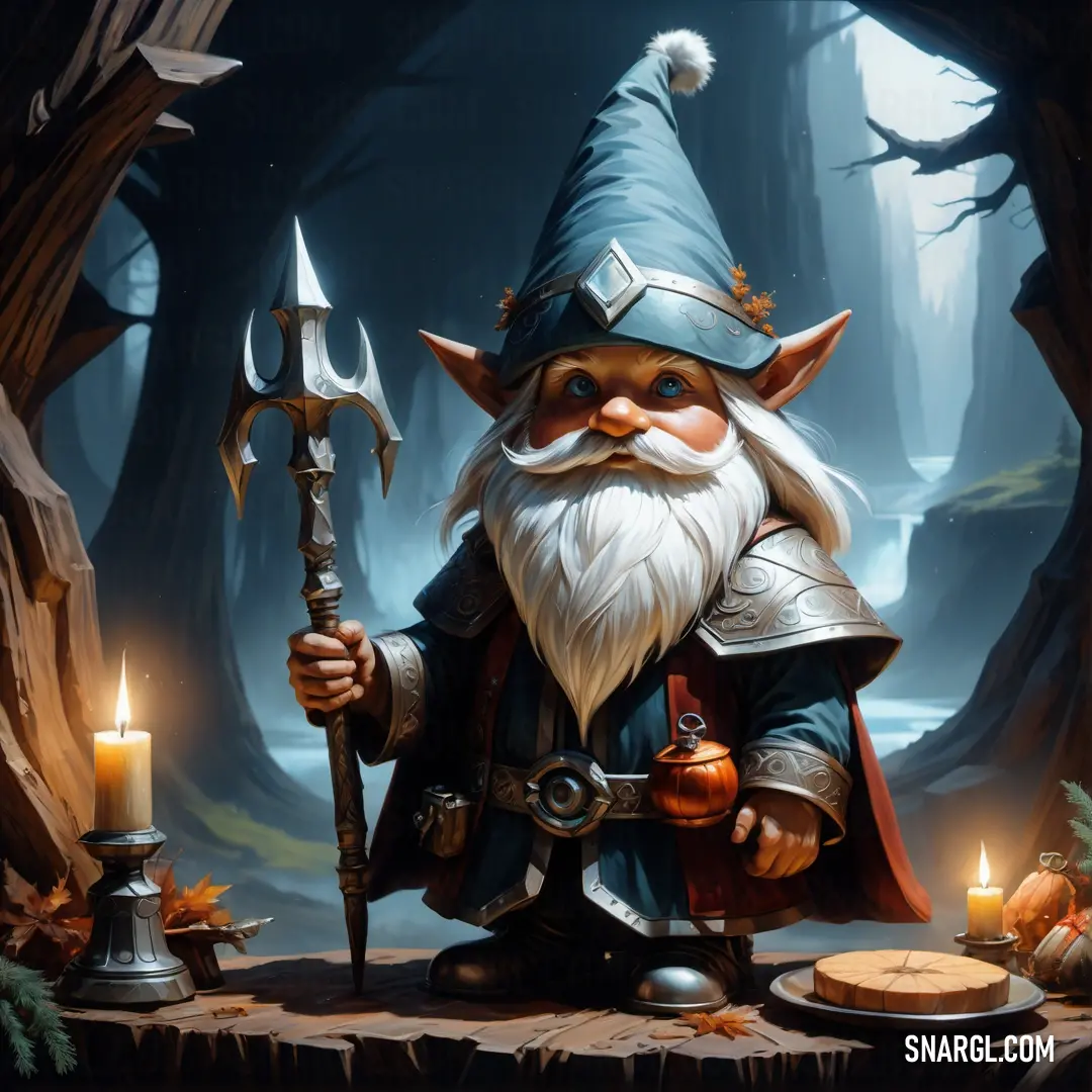 Gnome with a long beard holding a large axe and a candle in a forest with trees and rocks