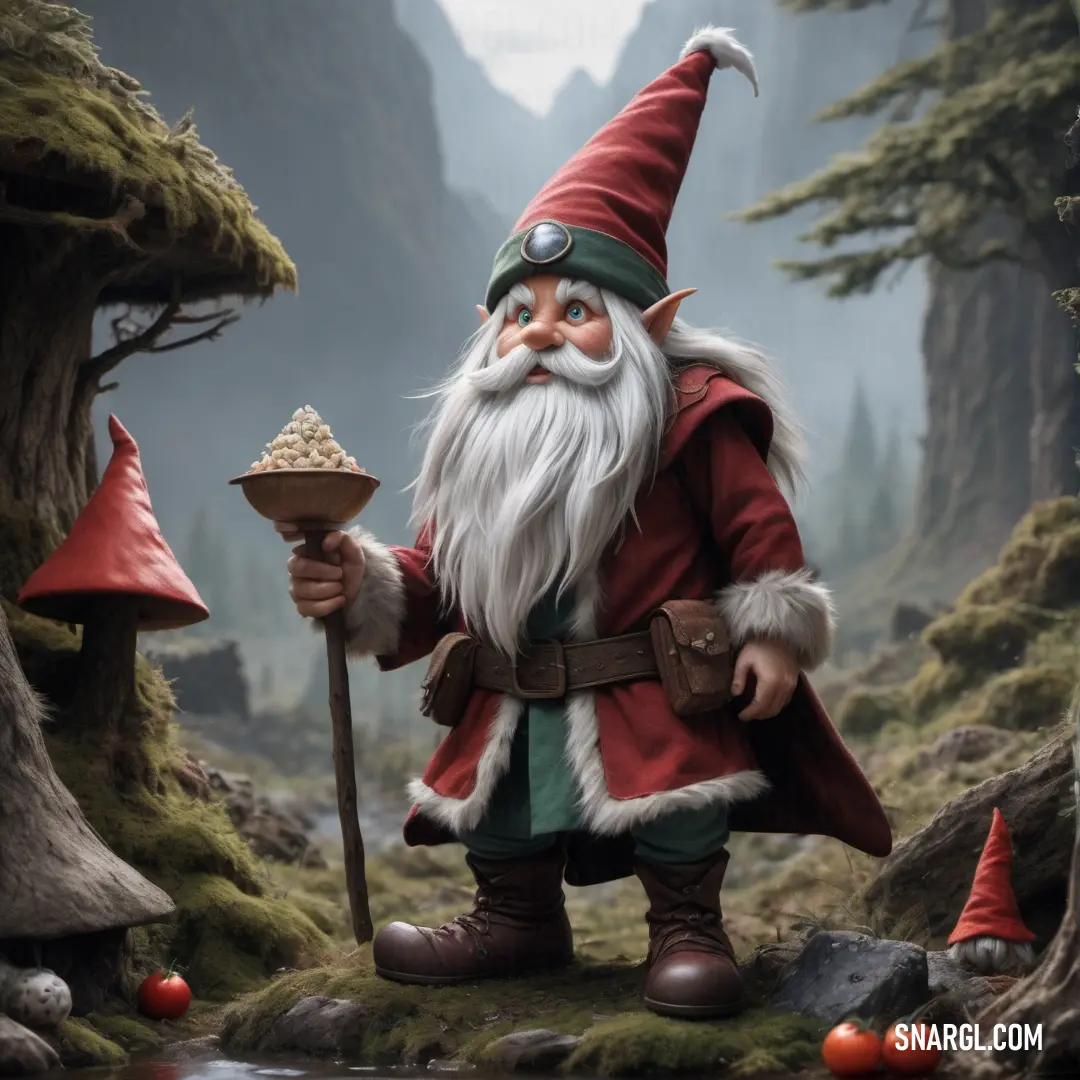 Gnome with a long beard and a red hat holding a pot and a stick in a forest with mountains