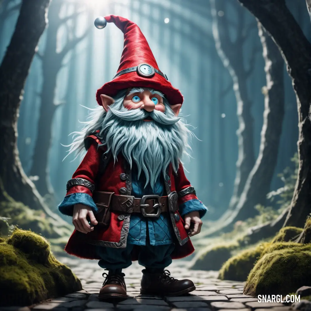 Gnome with a red hat and a blue jacket standing in a forest with mossy trees and rocks