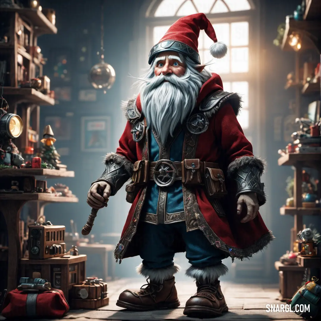 Tomte dressed as a santa clause standing in a room full of christmas decorations and gifts