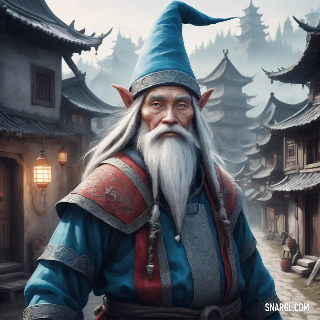 Tomte with a long beard and a long beard wearing a blue hat and a blue robe and holding a knife