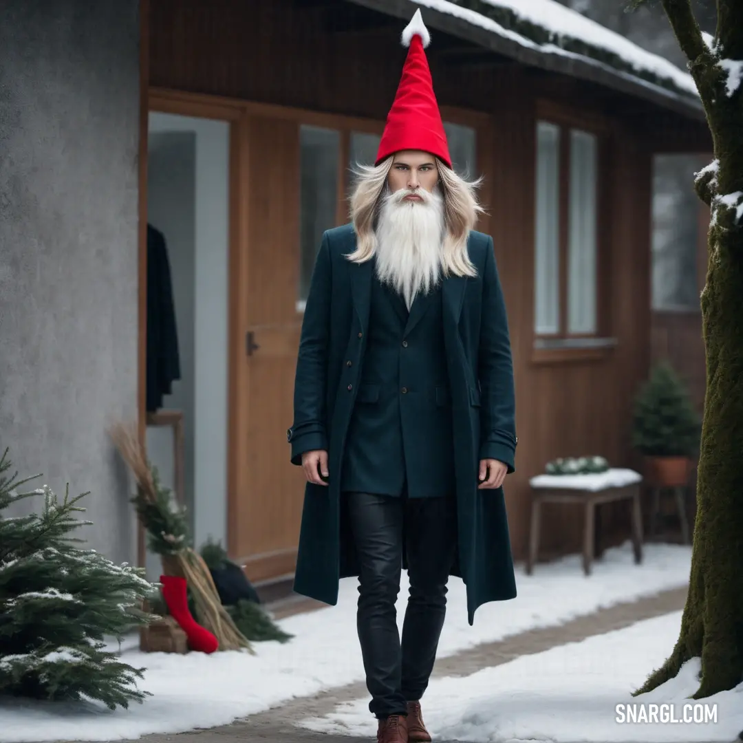 Tomte with a long beard and a red hat is walking in the snow outside of a house with a christmas tree