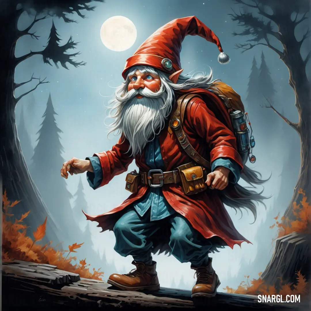 Painting of a gnome with a red hat and beard standing in a forest at night with a full moon