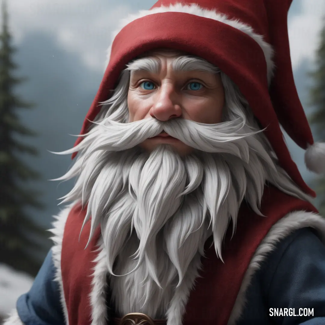 Painting of a santa clause with a beard and a beard ring on his head and a red hat