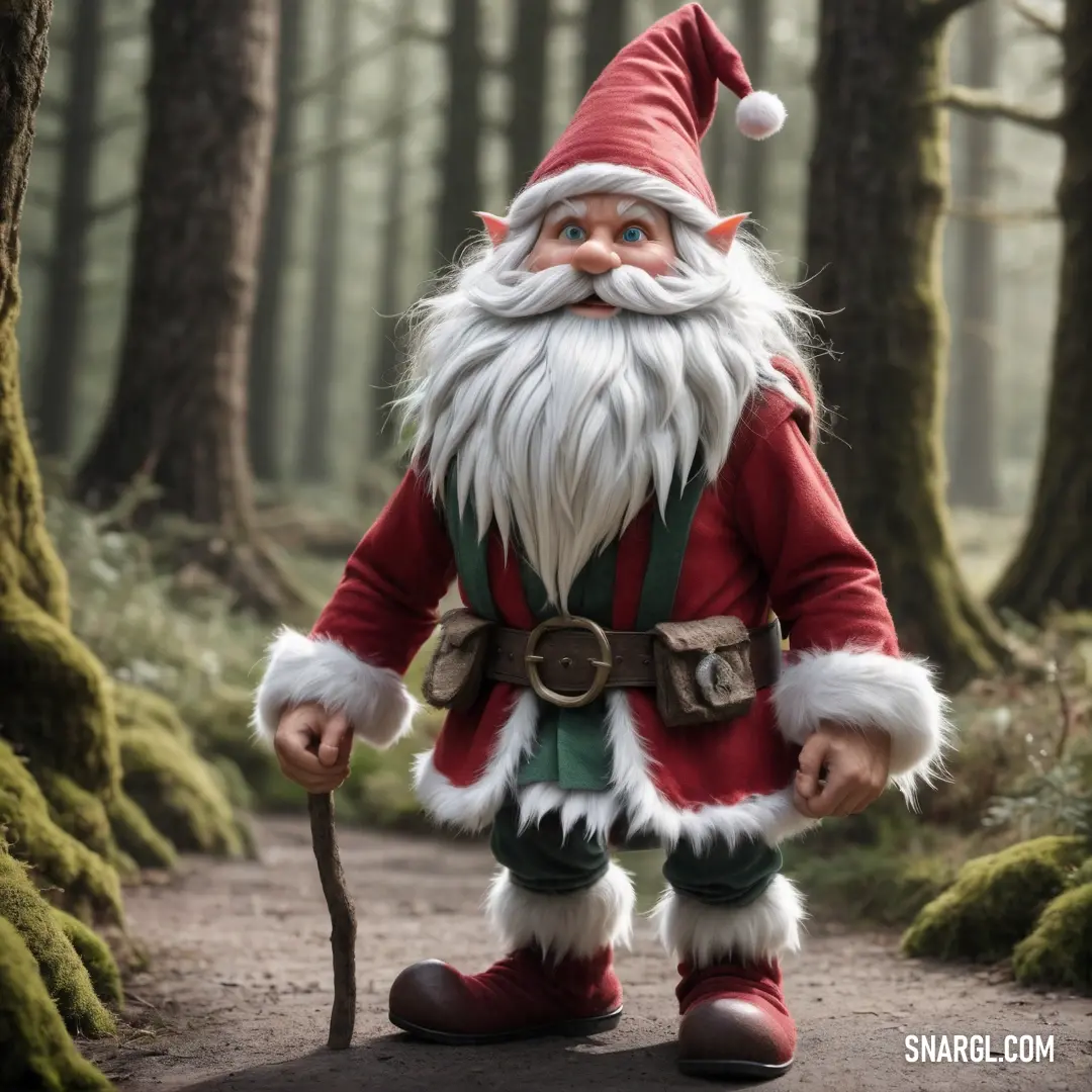 Santa clause is walking in the woods with a stick in his hand and a hat on his head