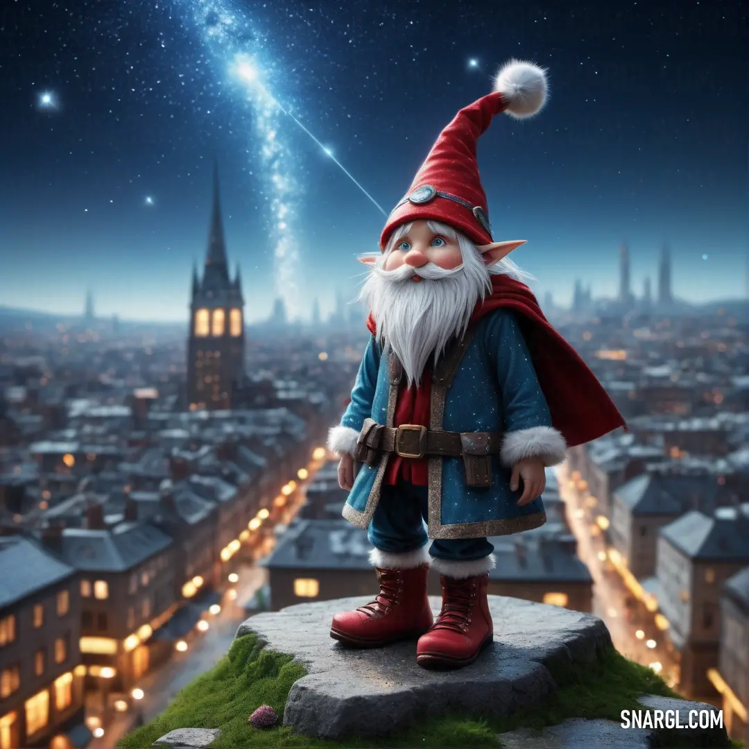 Statue of a gnome standing on top of a hill overlooking a city at night with stars in the sky
