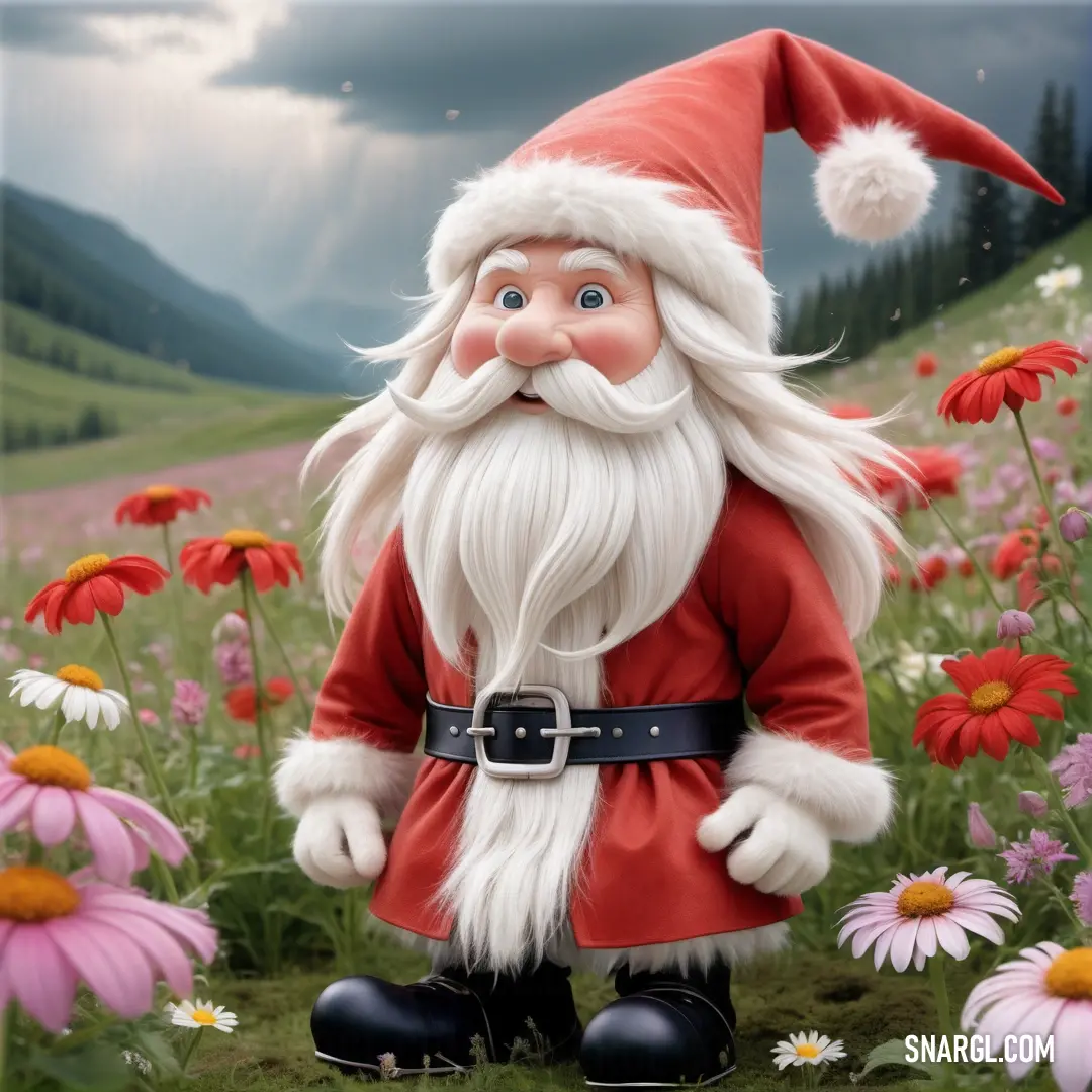 Statue of a santa claus standing in a field of flowers with a cloudy sky in the background