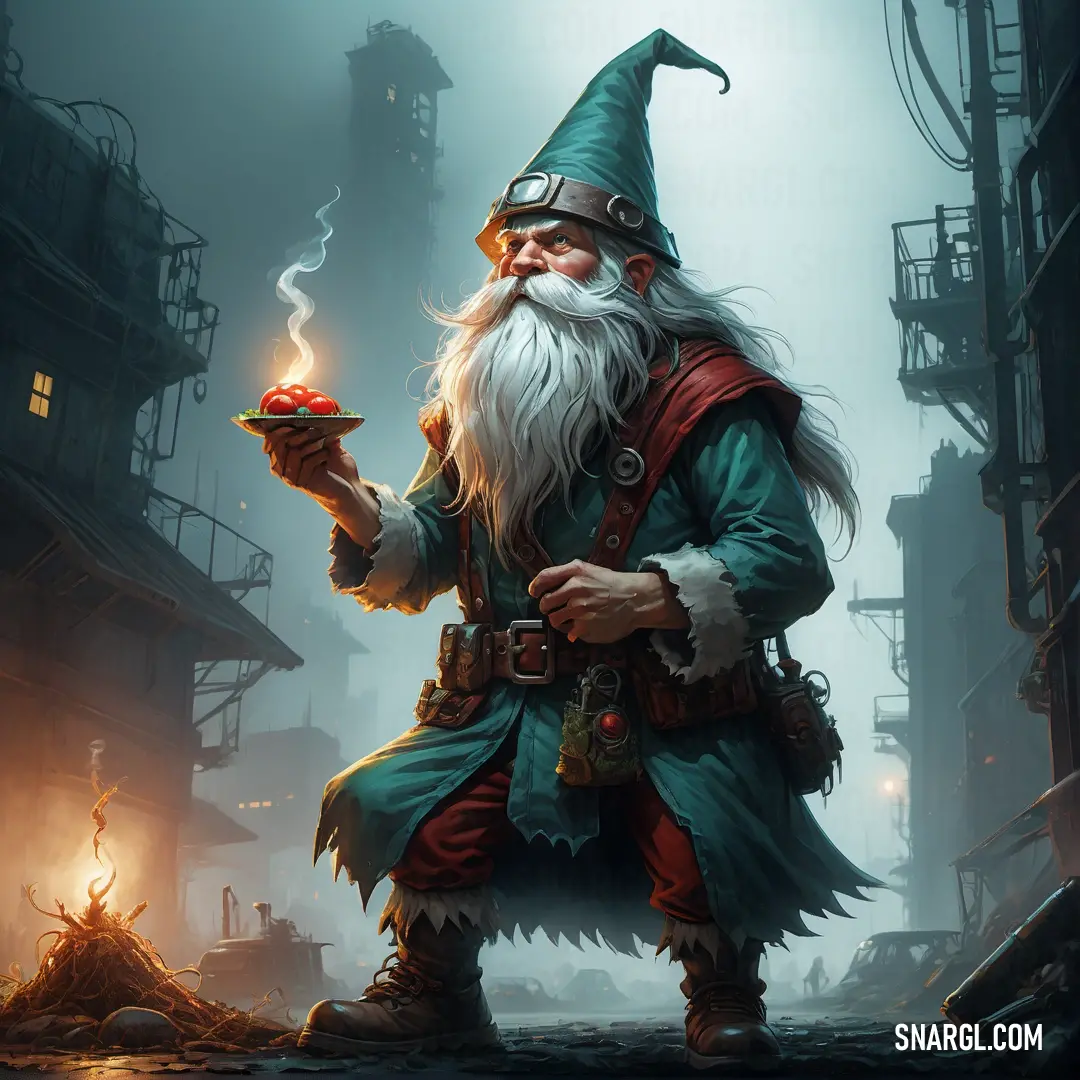 Wizard holding a candle in his hand and a pot of fire in his hand in a dark alley