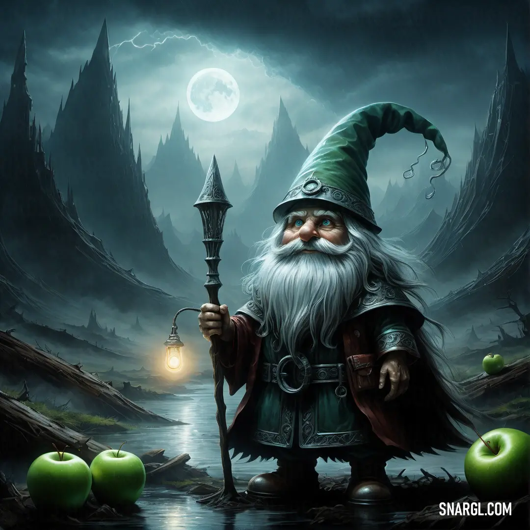 Wizard holding a lamp and a lantern in a forest with apples on the ground and a full moon in the sky