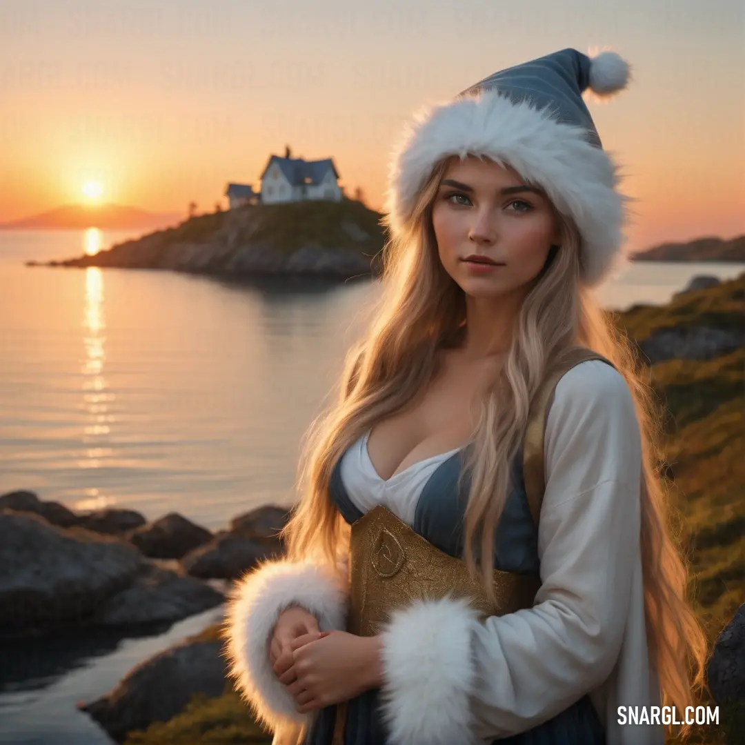 Woman Tomte in a costume standing on a rocky shore at sunset with a house in the background and a lighthouse in the distance