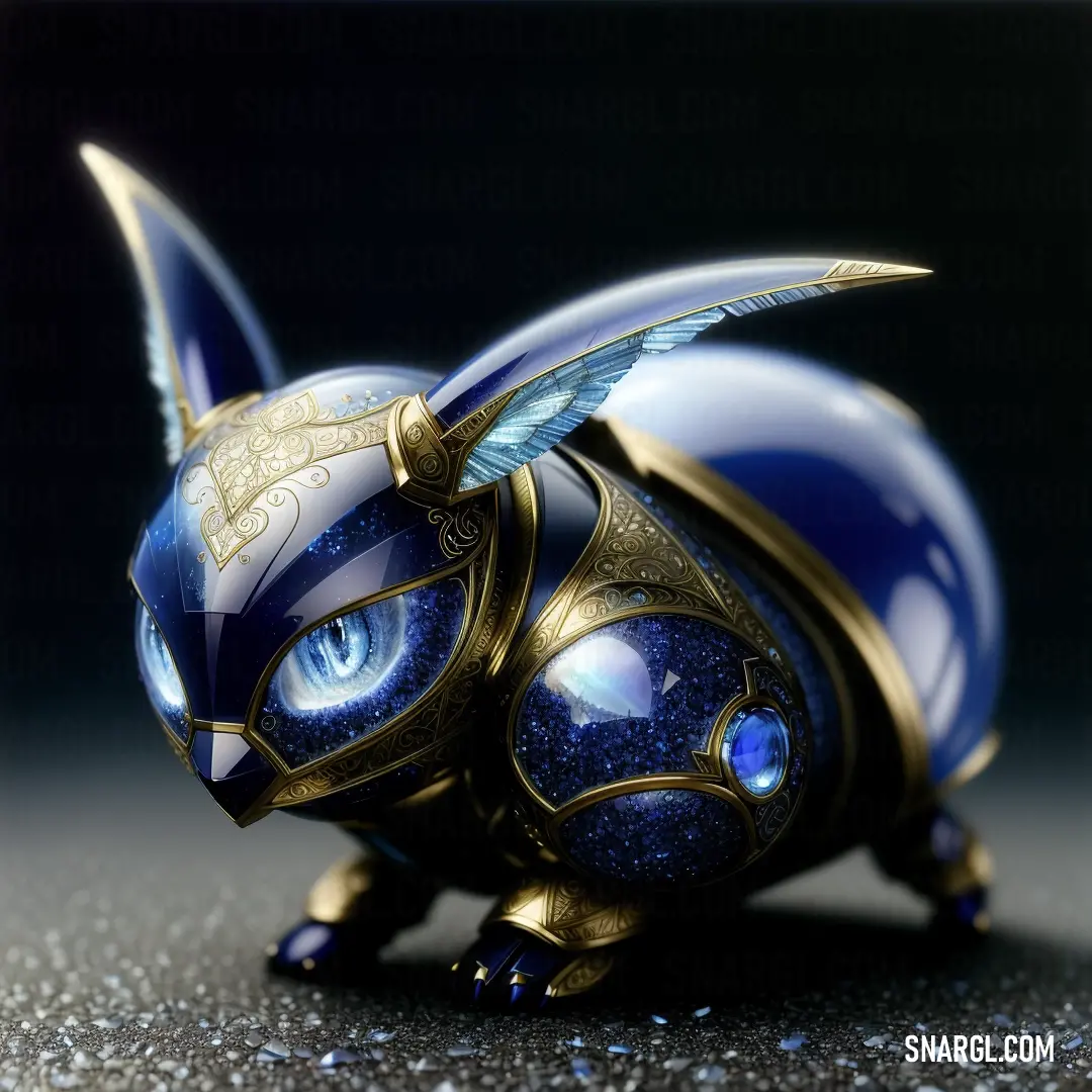 Blue and gold figurine with a winged tail and wings on it's head and eyes