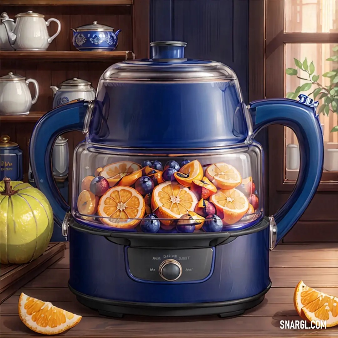 Blue coffee pot filled with oranges and blueberries on a table next to a shelf of teapots