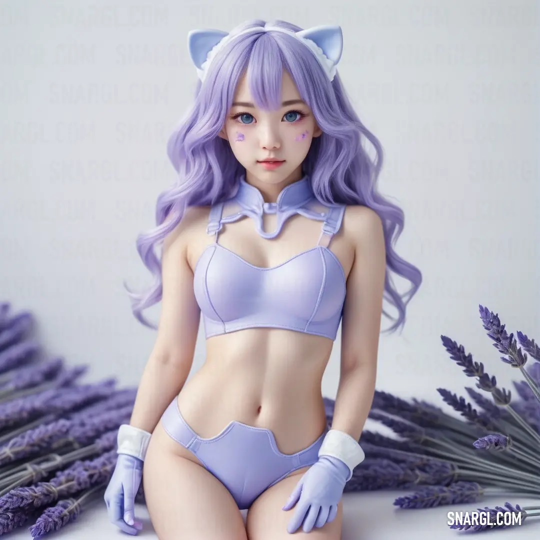 Doll with purple hair and a cat ears outfit on a table with lavender flowers in the background. Example of CMYK 40,44,0,25 color.