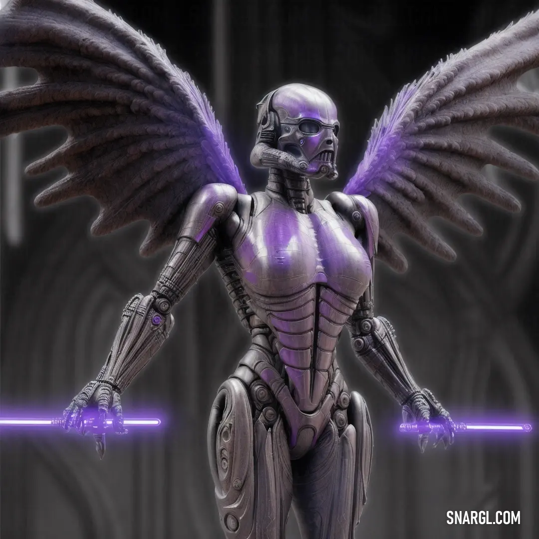 Futuristic alien with wings and a purple light in the background