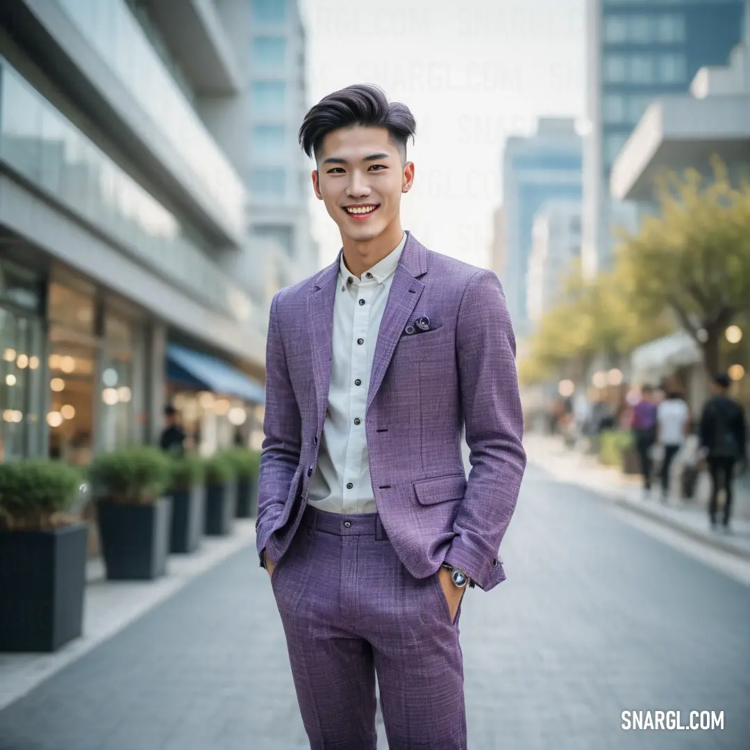 Toolbox color example: Man in a purple suit standing on a street corner smiling at the camera with a city in the background