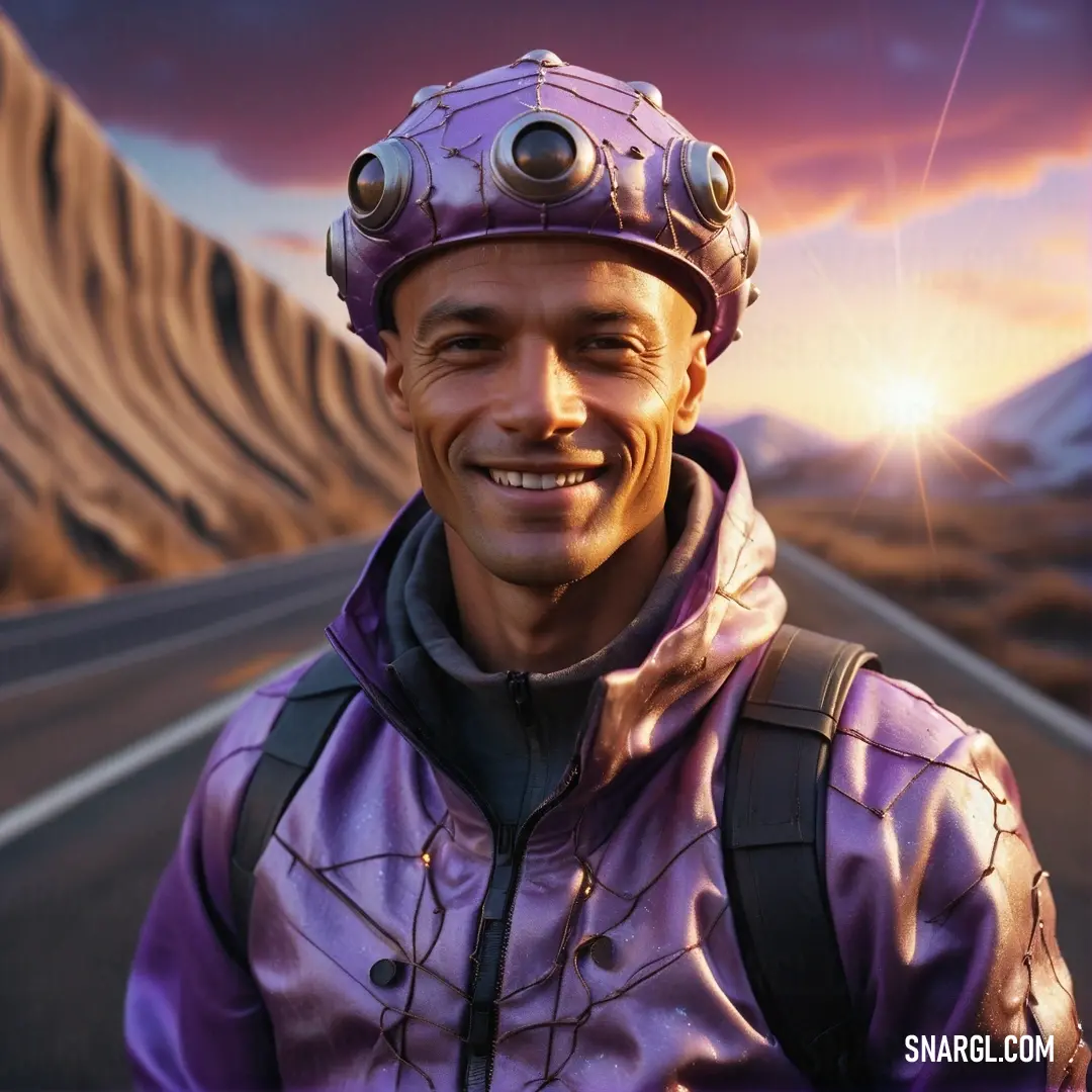 Man wearing a helmet and a backpack on a road with mountains in the background and a sunset in the sky. Color Toolbox.
