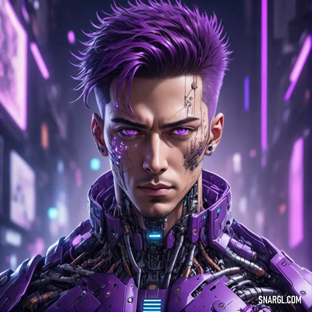 Man with purple hair and a futuristic suit in a city setting with neon lights and neon lights on his face. Color Toolbox.