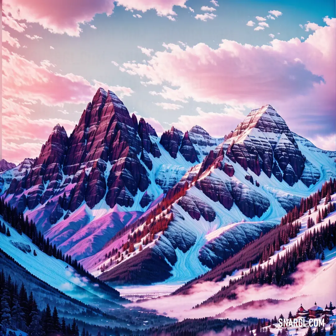 Painting of a mountain range with a pink sky and clouds above it and a pink sunset behind it