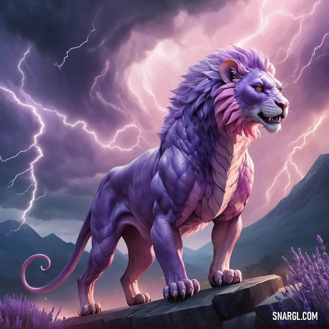 Toolbox color. Purple lion standing on a rock under a cloudy sky with lightning behind it and a purple sky with clouds