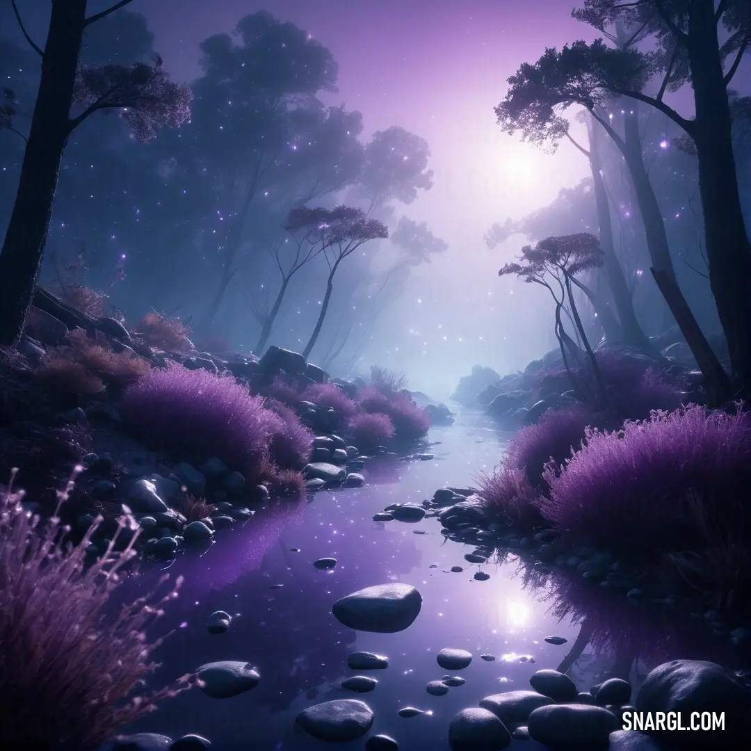 Stream running through a lush green forest under a purple sky with stars. Color CMYK 40,44,0,25.