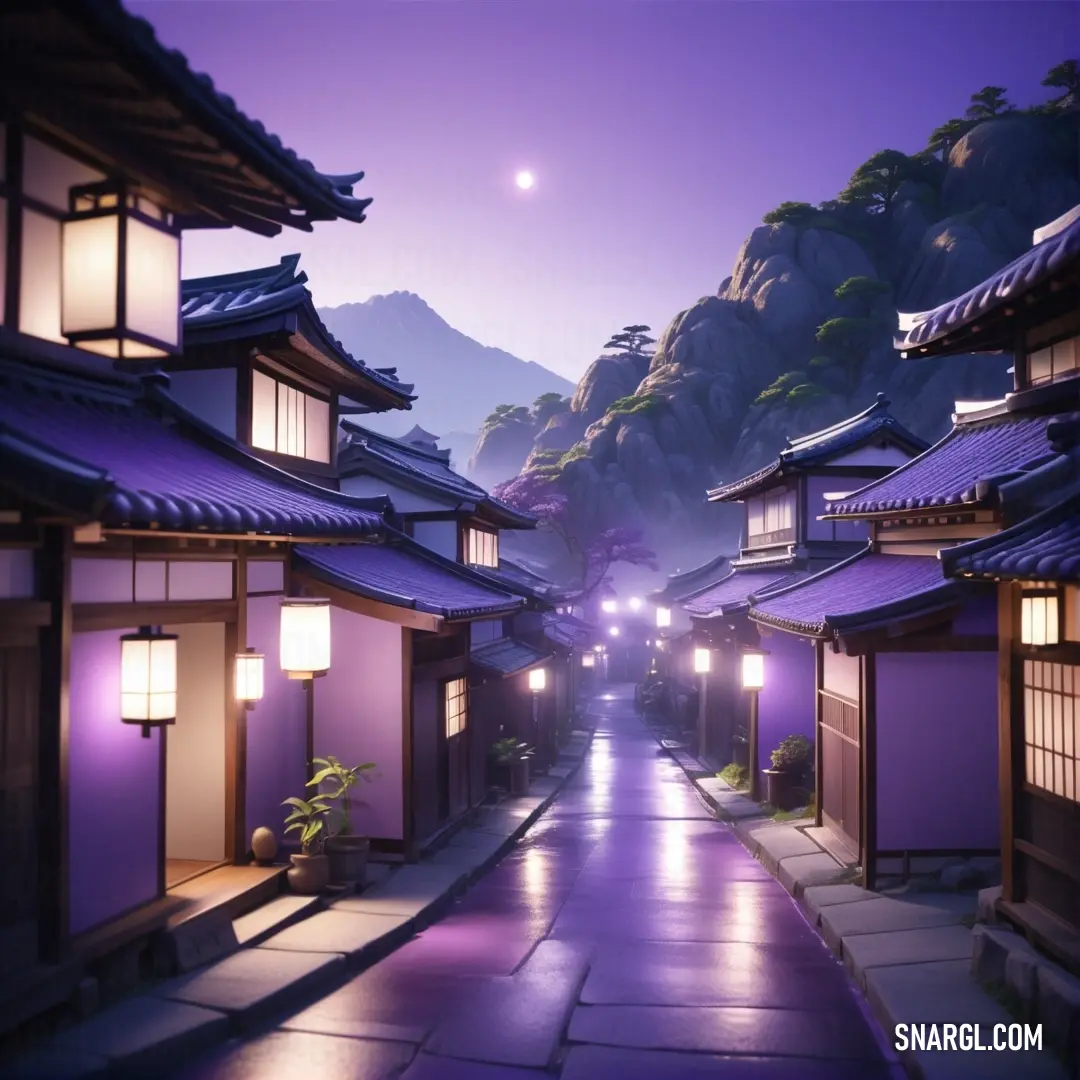 Street with a mountain in the background at night with lights on it and lanterns on the side of the street. Example of #746CC0 color.