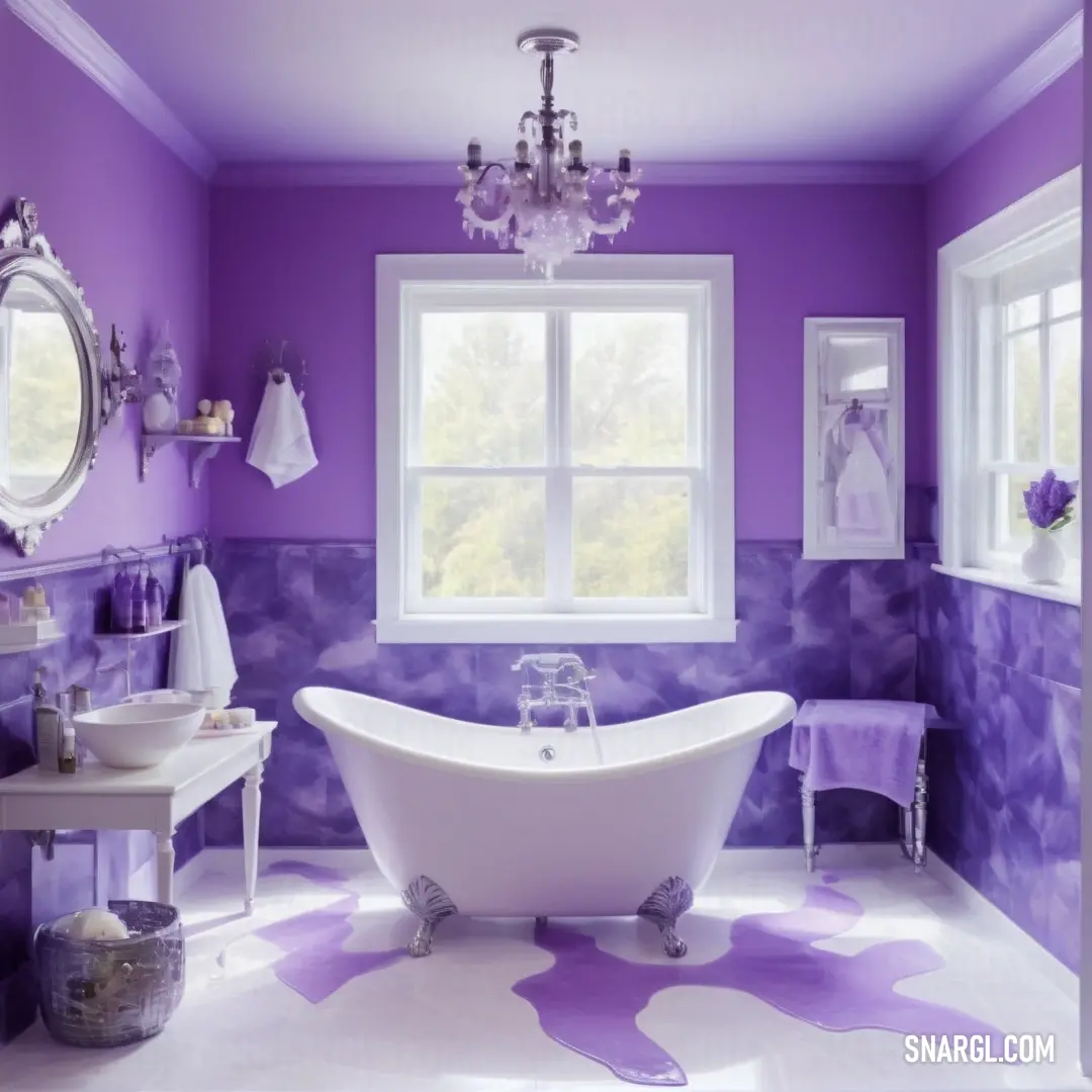 Bathroom with a claw foot tub and a chandelier in its center window and a purple wall. Color #746CC0.