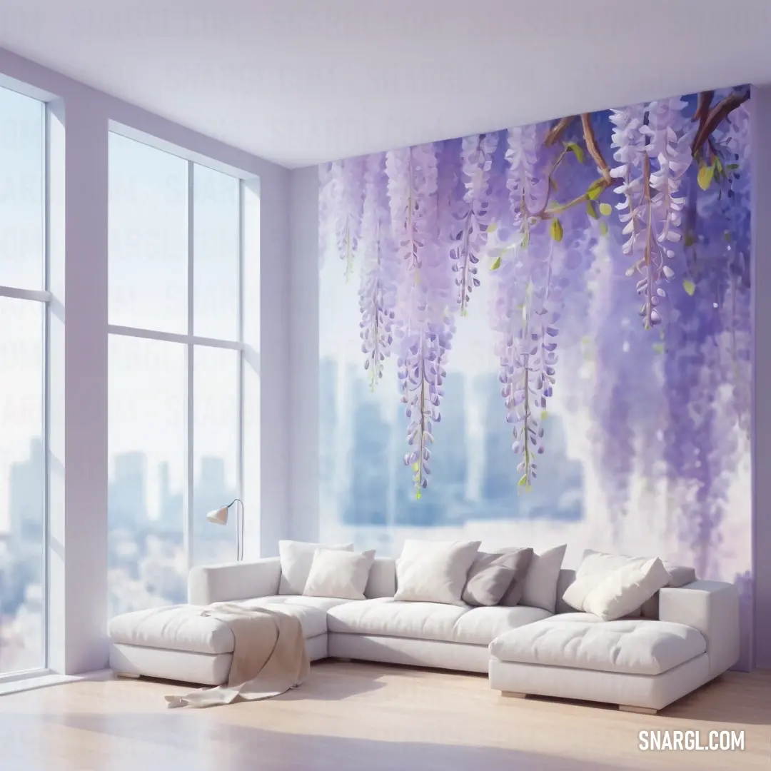 Living room with a large window and a white couch in front of a large painting of purple flowers. Color #746CC0.