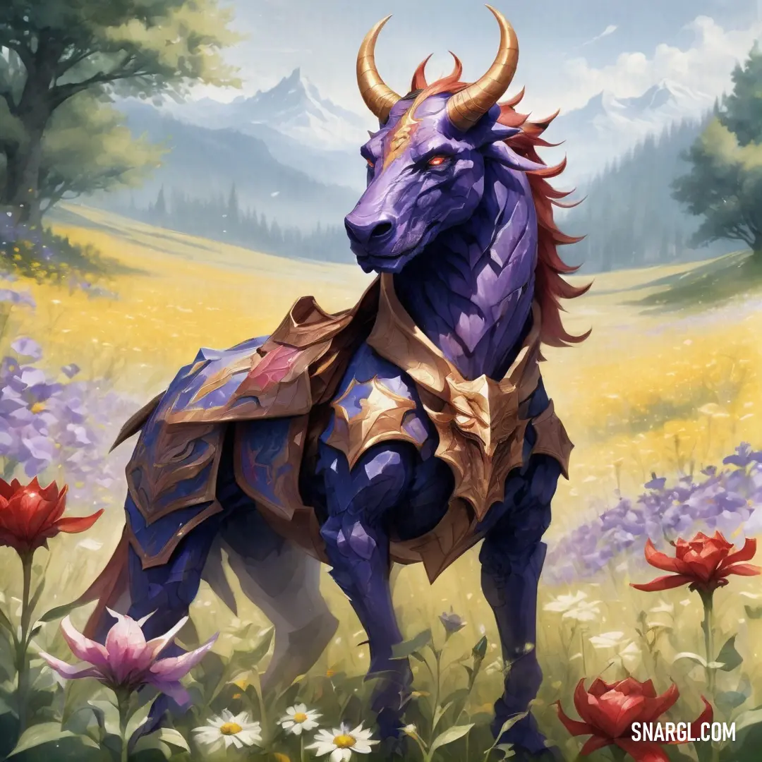 Painting of a purple bull with horns and armor standing in a field of flowers and trees in the background. Example of CMYK 40,44,0,25 color.