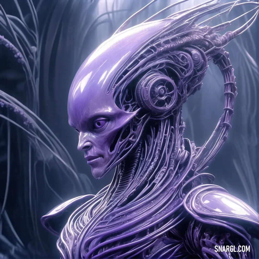 Purple alien woman with a weird hair style. Example of RGB 116,108,192 color.