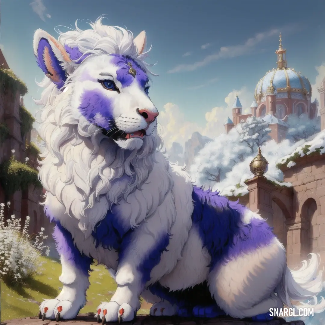 Purple and white dog on a rock in front of a castle with a sky background. Example of RGB 116,108,192 color.