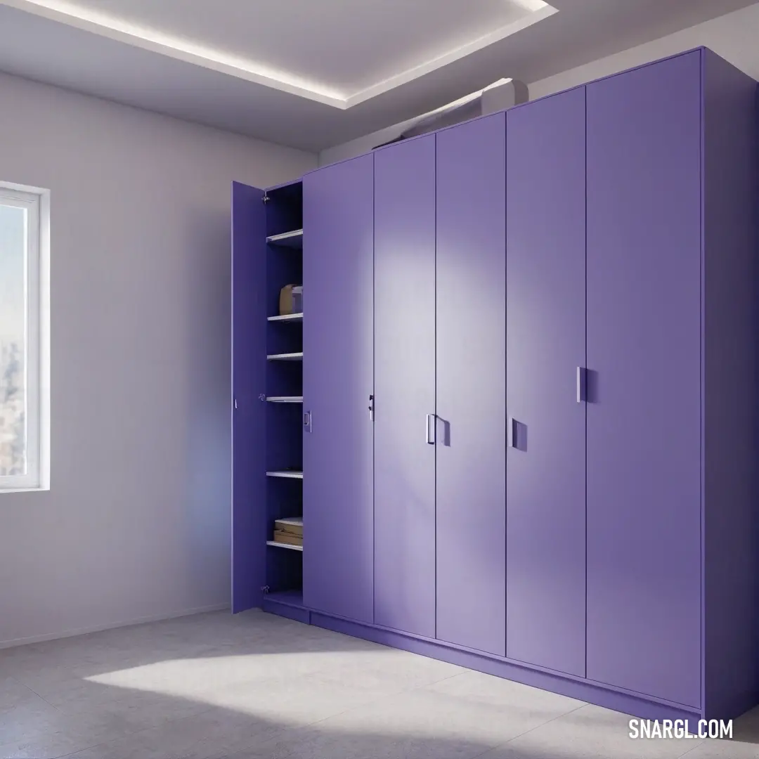 Toolbox color. Purple cabinet in a room with a window and a window sill on the side of the wall