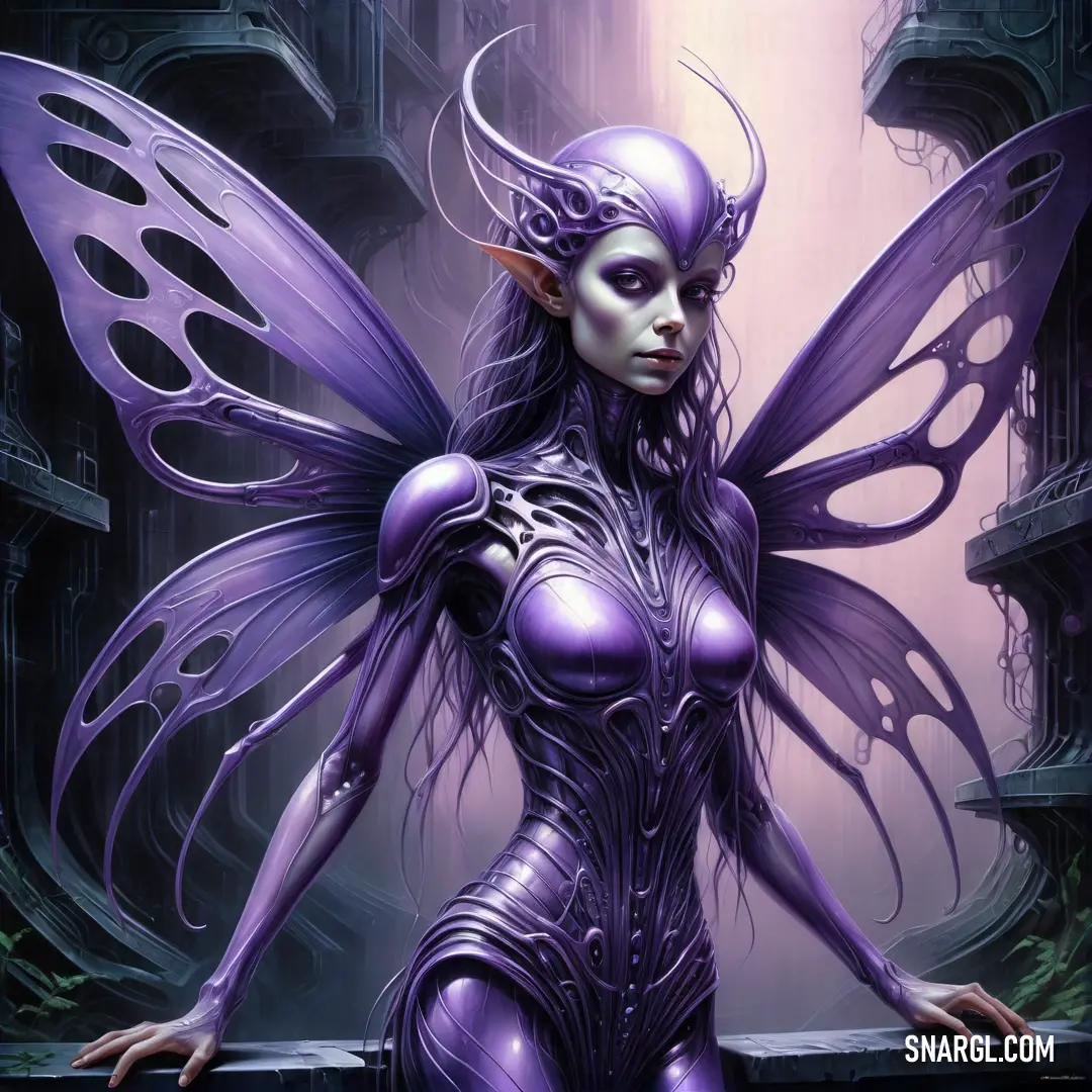 Woman dressed in purple with a butterfly wings outfit on. Color RGB 116,108,192.