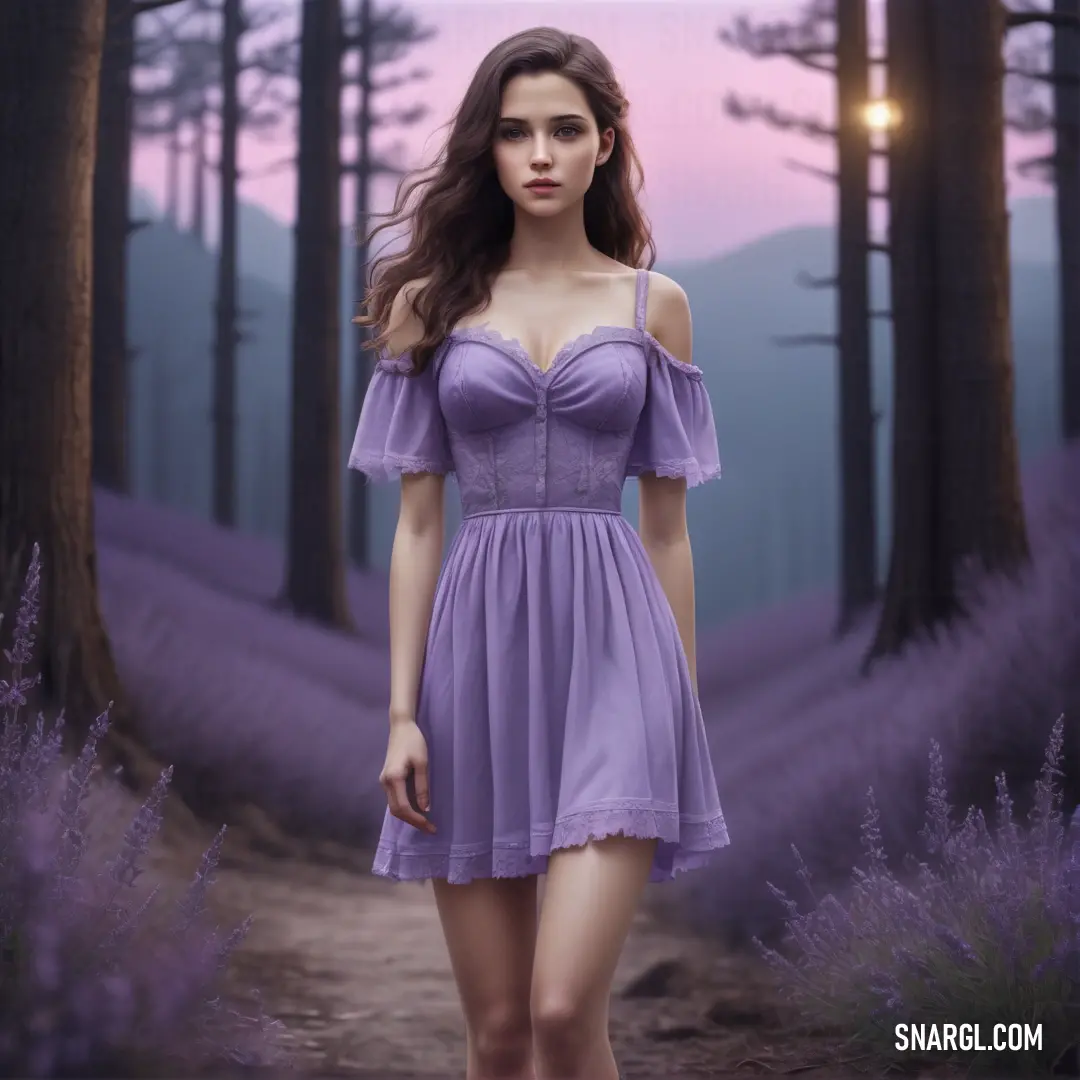 Woman in a purple dress walking through a forest at sunset with a pink sky in the background. Example of #746CC0 color.