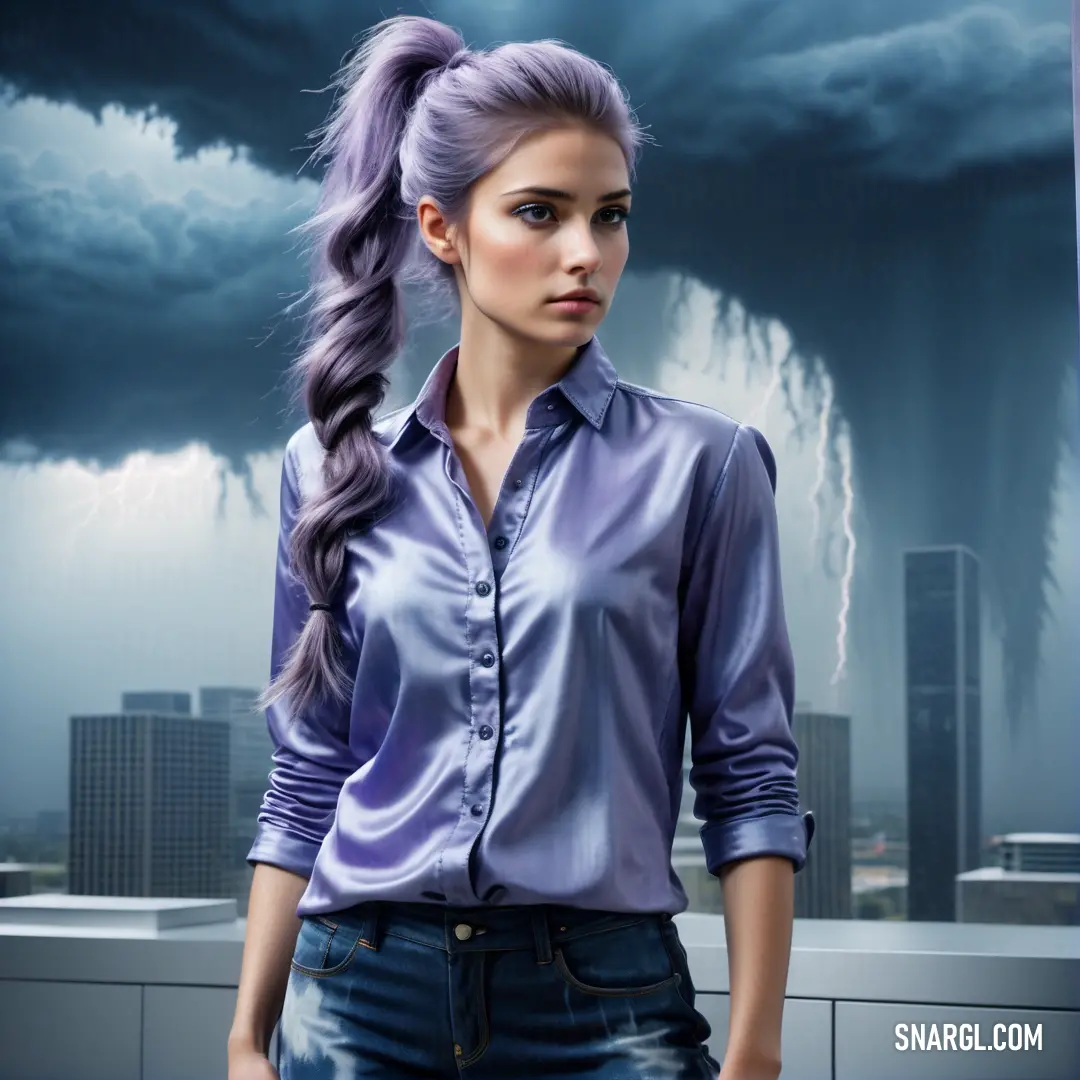 Woman with a ponytail standing in front of a storm with a city in the background and a lightning in the sky. Example of Toolbox color.