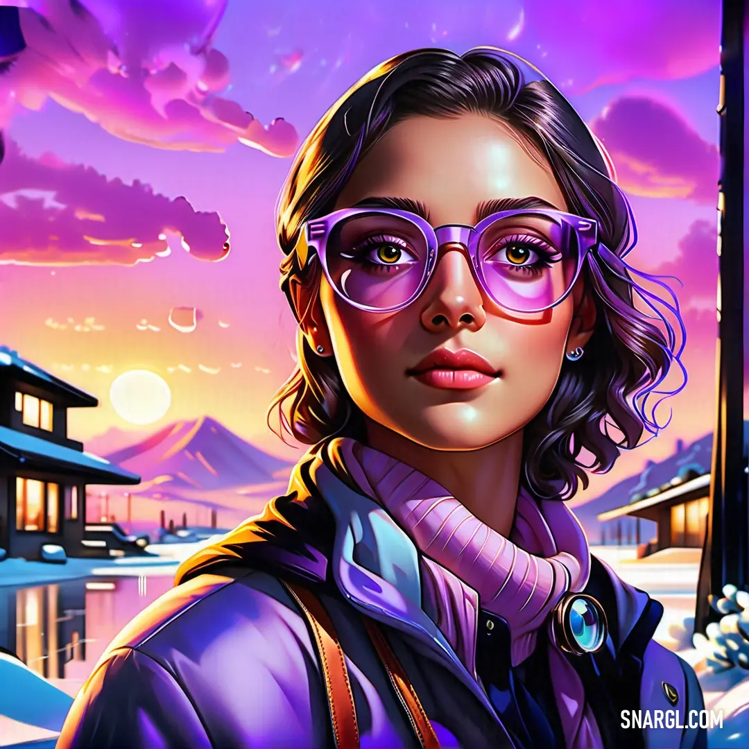 Woman with glasses and a purple jacket in front of a sunset and a building with a clock on it. Example of Toolbox color.