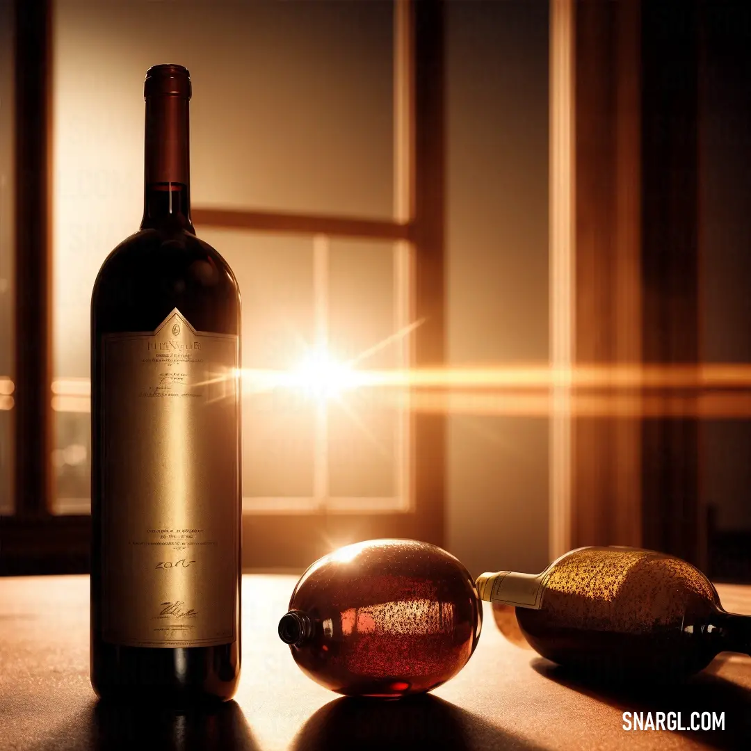 Bottle of wine and a glass on a table with a light shining through the window behind it