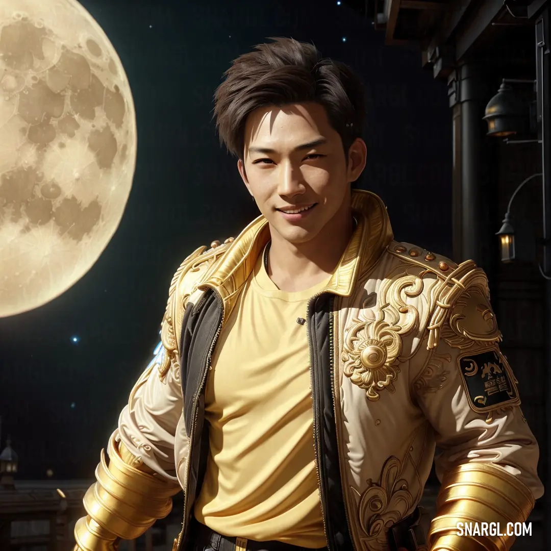 Man in a yellow shirt and a yellow jacket standing in front of a full moon