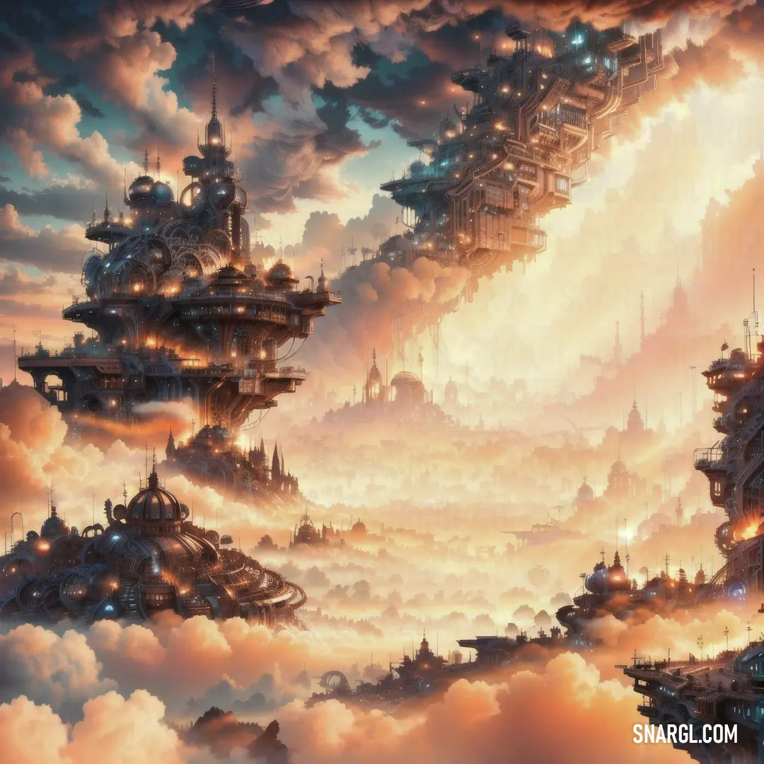 Painting of a city in the sky with clouds and buildings in the foreground and a lot of lights