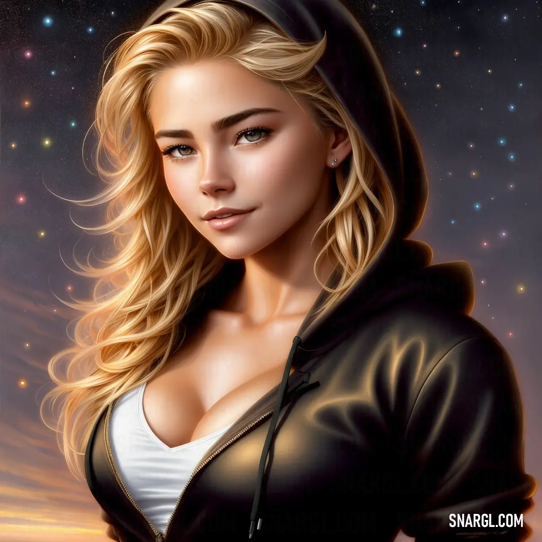 Painting of a woman with a hoodie on and a sky background with stars in the background