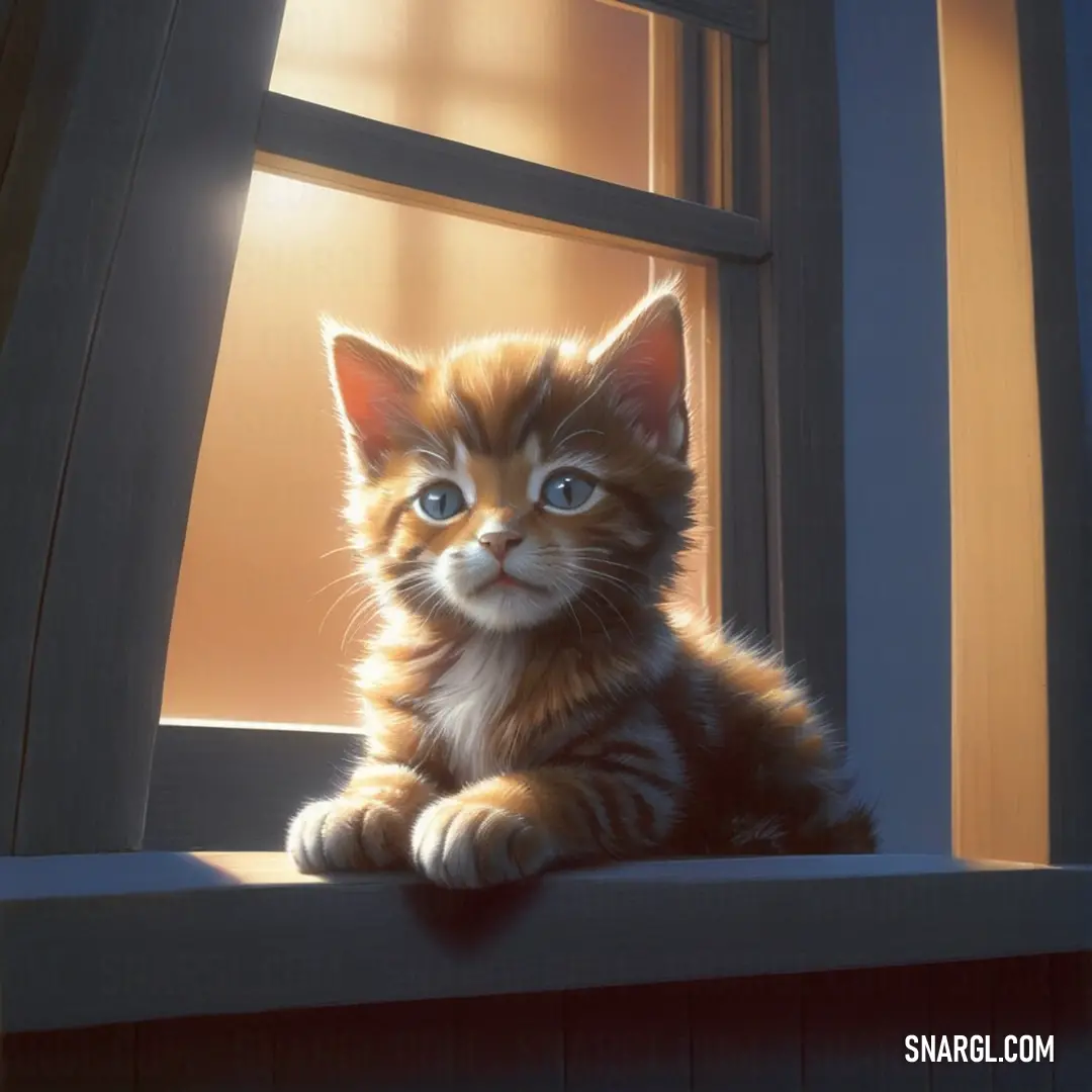 Kitten on a window sill looking out the window at the sun shining through the window pane. Color Topaz.