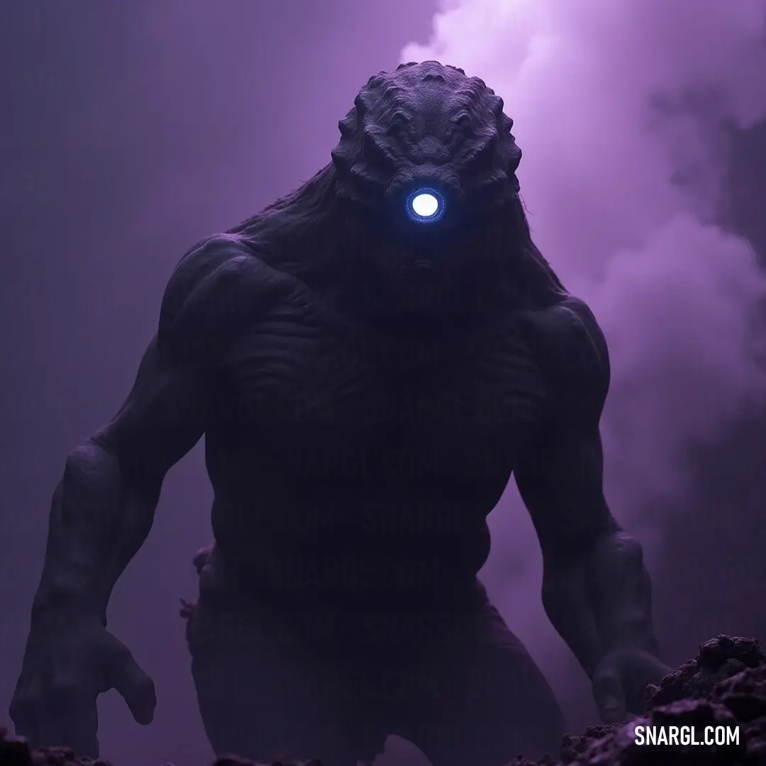 Torak in the fog, showcasing a glowing eye against a mystical purple backdrop Torak emerges from the swirling fog, its glowing eye piercing through the eerie purple background, exuding an aura of intrigue and supernatural power, evoking both wonder and a hint of fear.