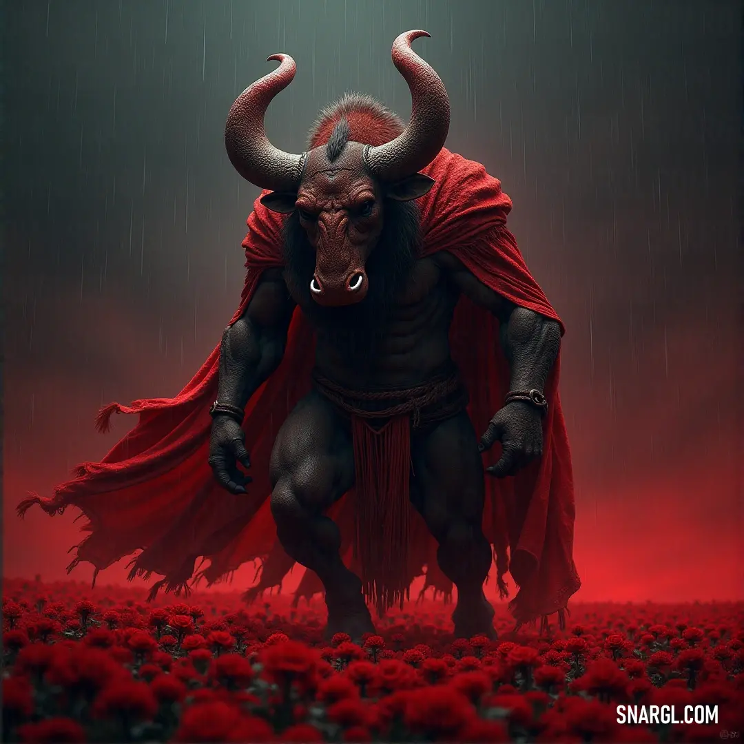Torgar, cloaked in red and horns atop his head, stands in a sea of red flowers, with a dark, mysterious background that enhances the depth of his commanding presence.