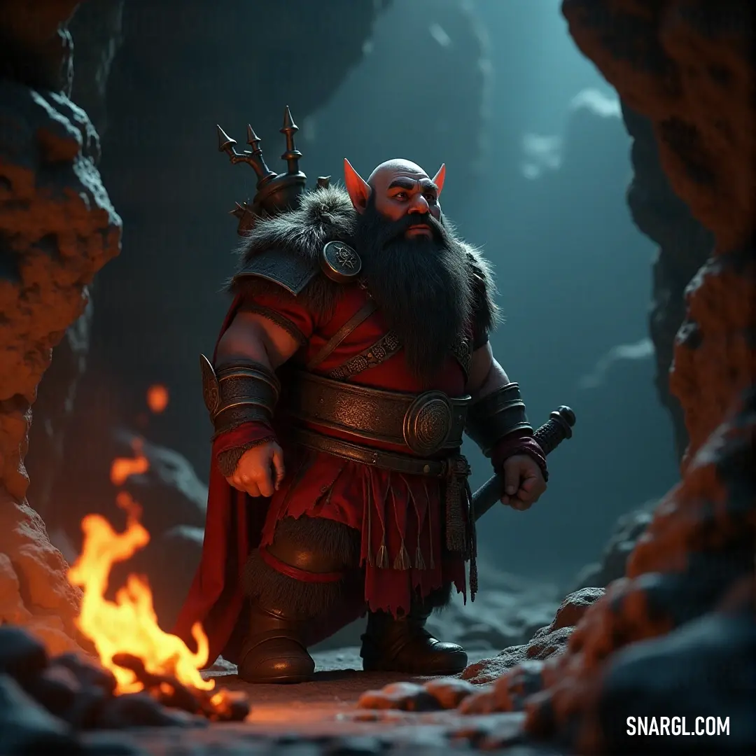Torgrim Thunderfist, with his imposing horns, stands in a dark cave, holding a fiery torch. The flickering light casts an eerie glow on his features, creating an atmosphere of both danger and dominance in this ancient, hidden place.