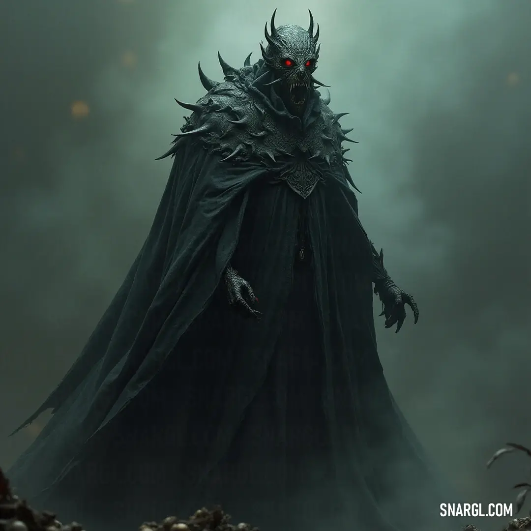 The Tormented Soul, adorned with horns and a fearsome mask, commands the foggy field, an enigmatic figure of darkness filled with strength, mystery, and an unparalleled resolve that draws attention from all directions. In a shrouded fog-covered field, the Tormented Soul stands with regal poise, black cloak billowing like wings and a demonic mask that accentuates his fierce determination, as a piercing red eye reveals his hidden intensity and otherworldly essence.